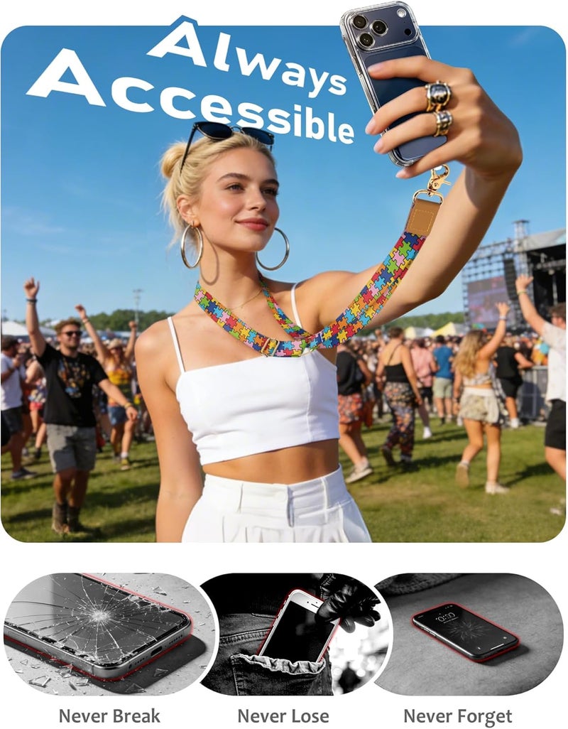 Yonlevres Phone Lanyard Wrist Strap Crossbody, Autism Puzzle Cell Phone Lanyard for around the Neck Wristlet Adjustable Strap Compatible with Most Smartphones for Keys Case ID Badges - Image 5